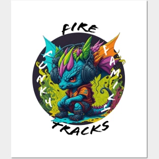 Cute Dragon Wearing Headphones - black font Posters and Art